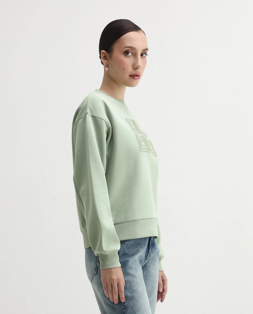 Rareism Women's Staz Light Green Cotton Blend Fabric Crew Neck Regular Fit Printed Sweatshirt