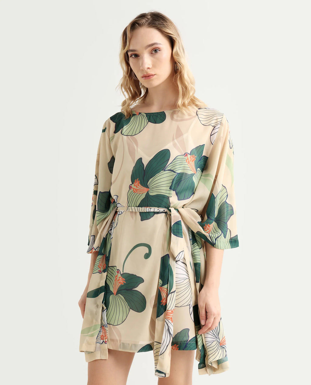 Rareism Women's Steevi Offwhite Boat Neck Abstract Print Flared Sleeve Knee Length Regular Fit Dress