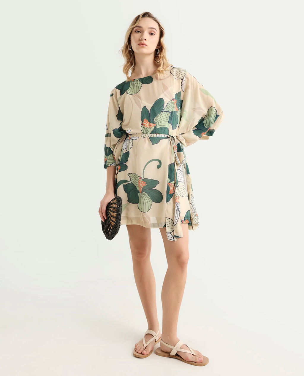 Rareism Women's Steevi Offwhite Boat Neck Abstract Print Flared Sleeve Knee Length Regular Fit Dress