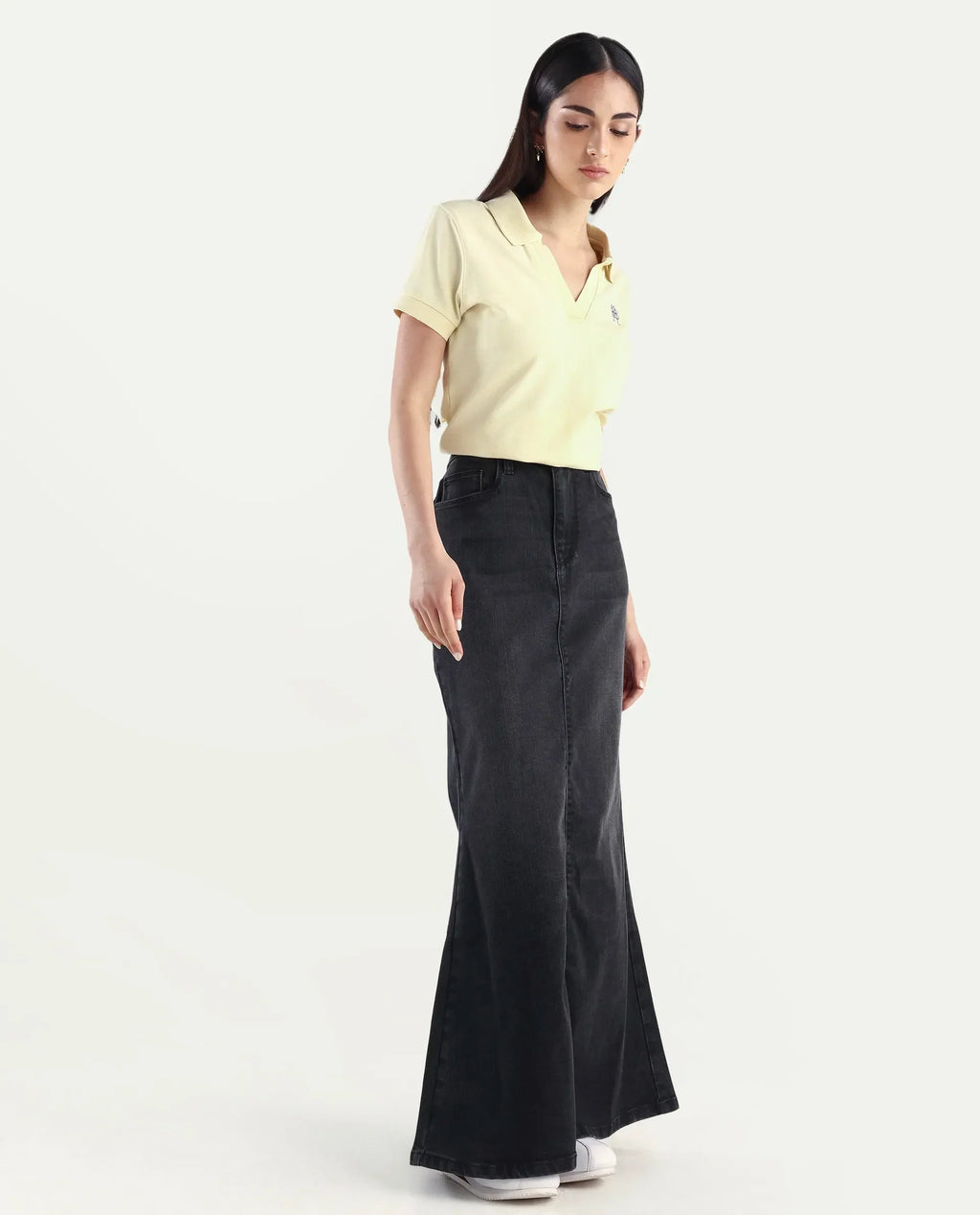 Rareism Women's Stinger Black Cotton Blend Plain Maxi Flared Skirt