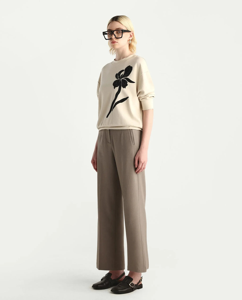 Rareism Women's Swer Light Beige Modal Blend Crew Neck Relaxed Fit Printed Sweatshirt