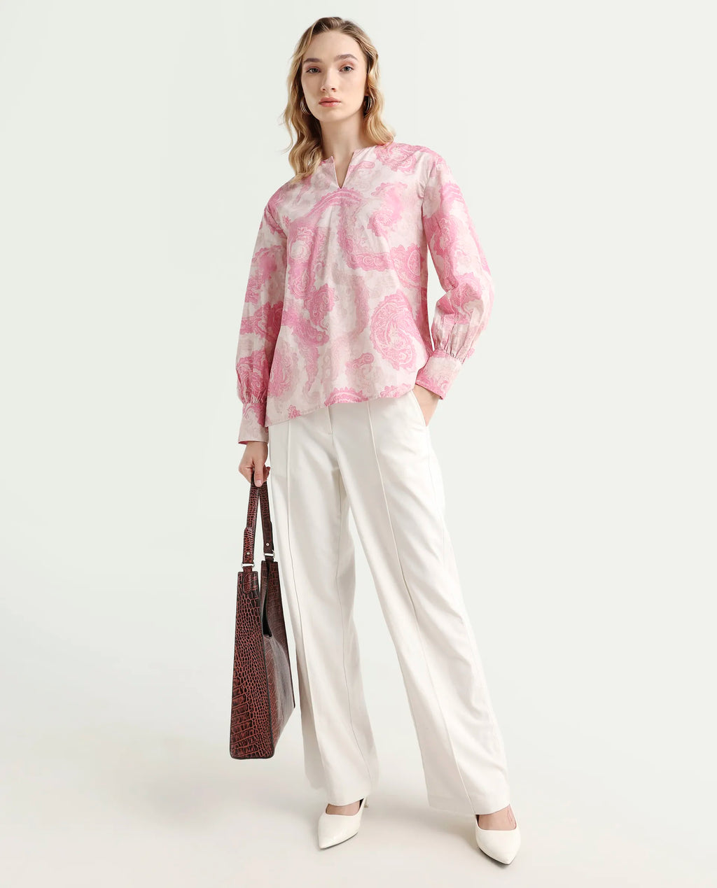 Rareism Women's Syrto Multi Cotton Crew Neck Paisley Print Cuffed Sleeve Regular Fit Top