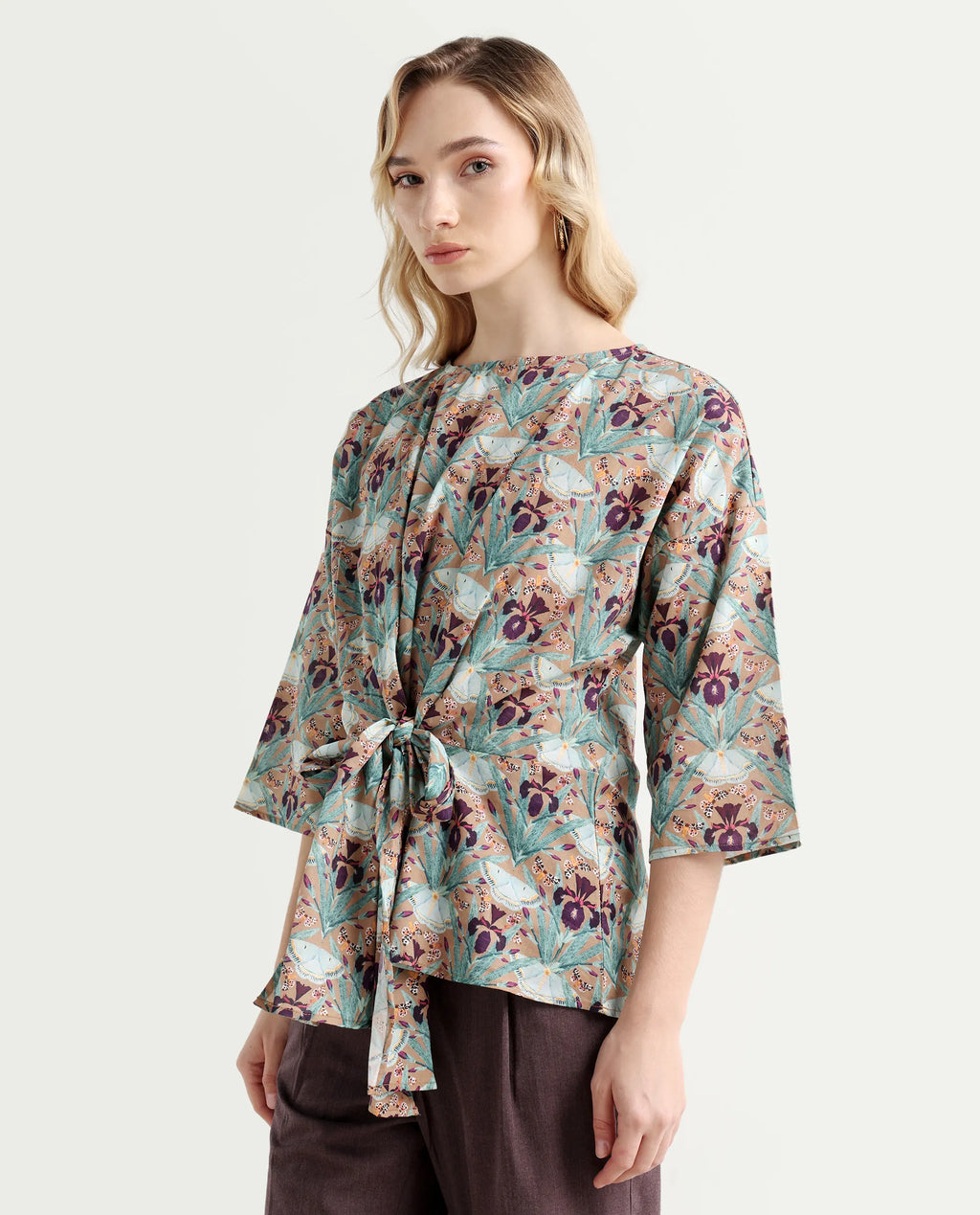 Rareism Women's Talisco Multi Cotton V-Neck Abstract Print Extended Sleeves Relaxed Fit Top