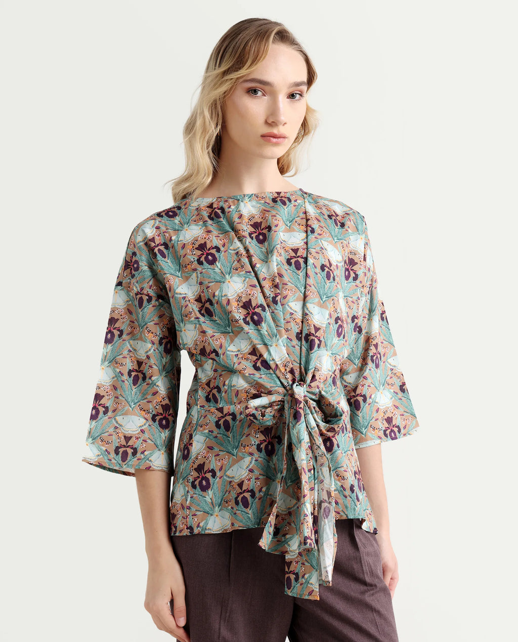 Rareism Women's Talisco Multi Cotton V-Neck Abstract Print Extended Sleeves Relaxed Fit Top