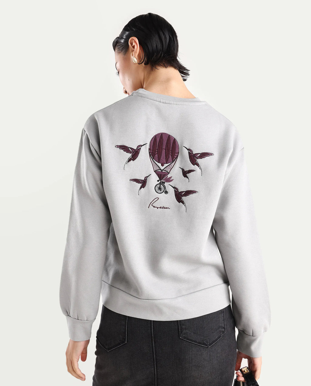 Rareism Women's Taur Grey Cotton Blend Crew Neck Graphic Print Relaxed Fit Sweatshirt