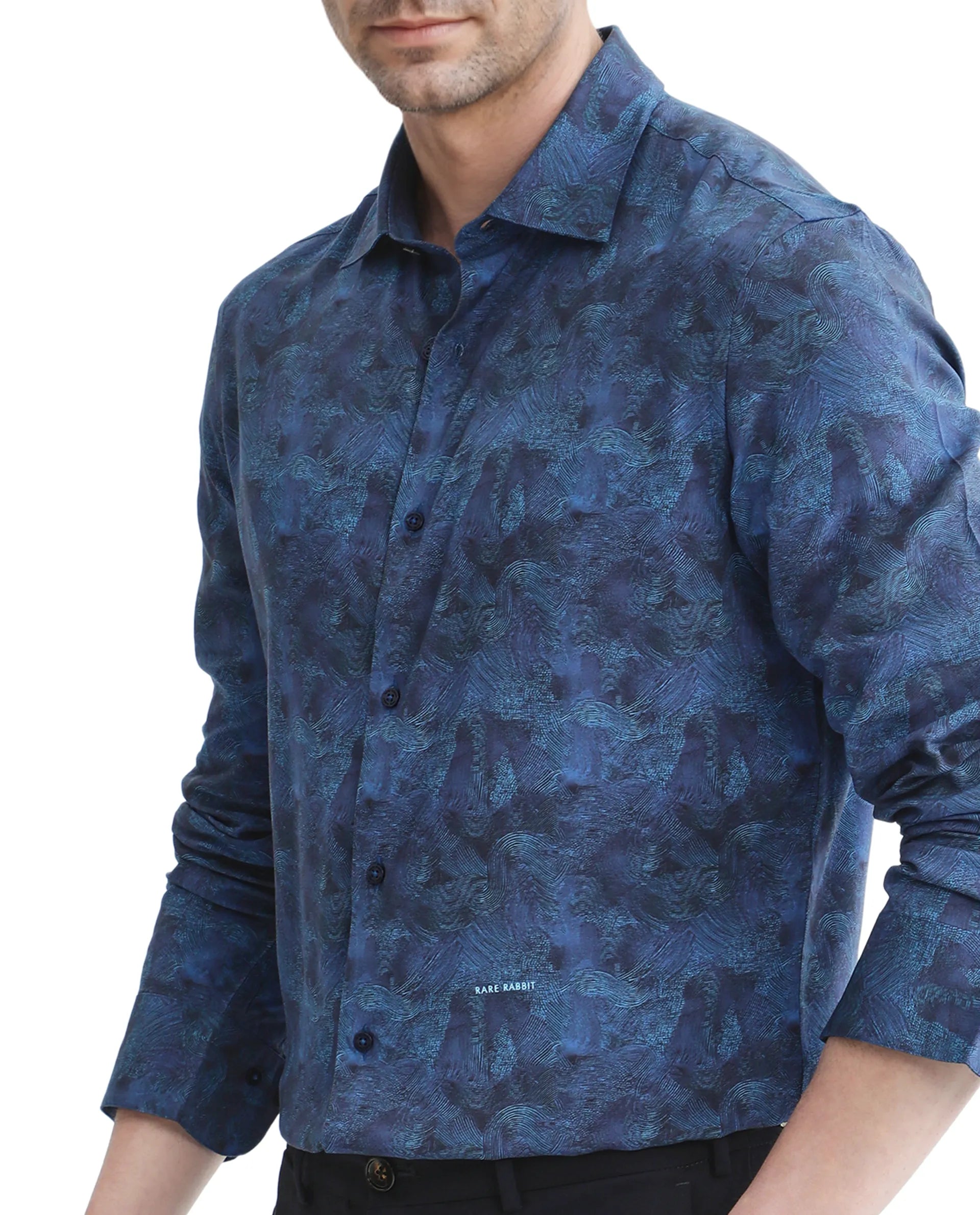 Rare Rabbit Men's Taylor Navy Abstract Print Boxy Fit Full Sleeve Collared Shirt