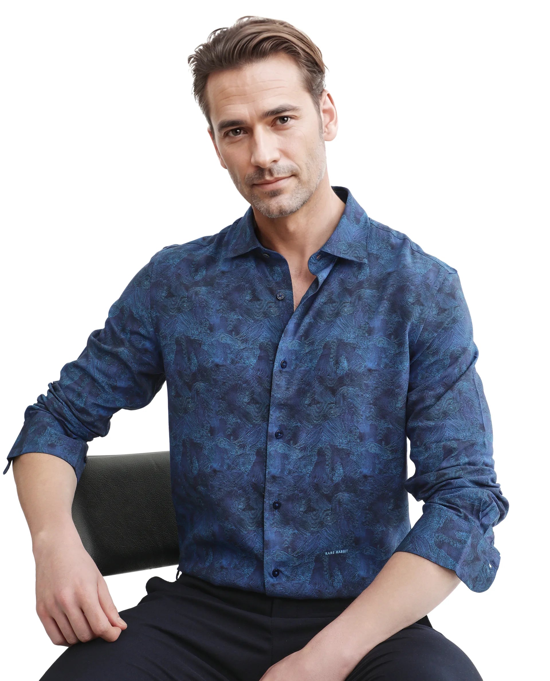 Rare Rabbit Men's Taylor Navy Abstract Print Boxy Fit Full Sleeve Collared Shirt