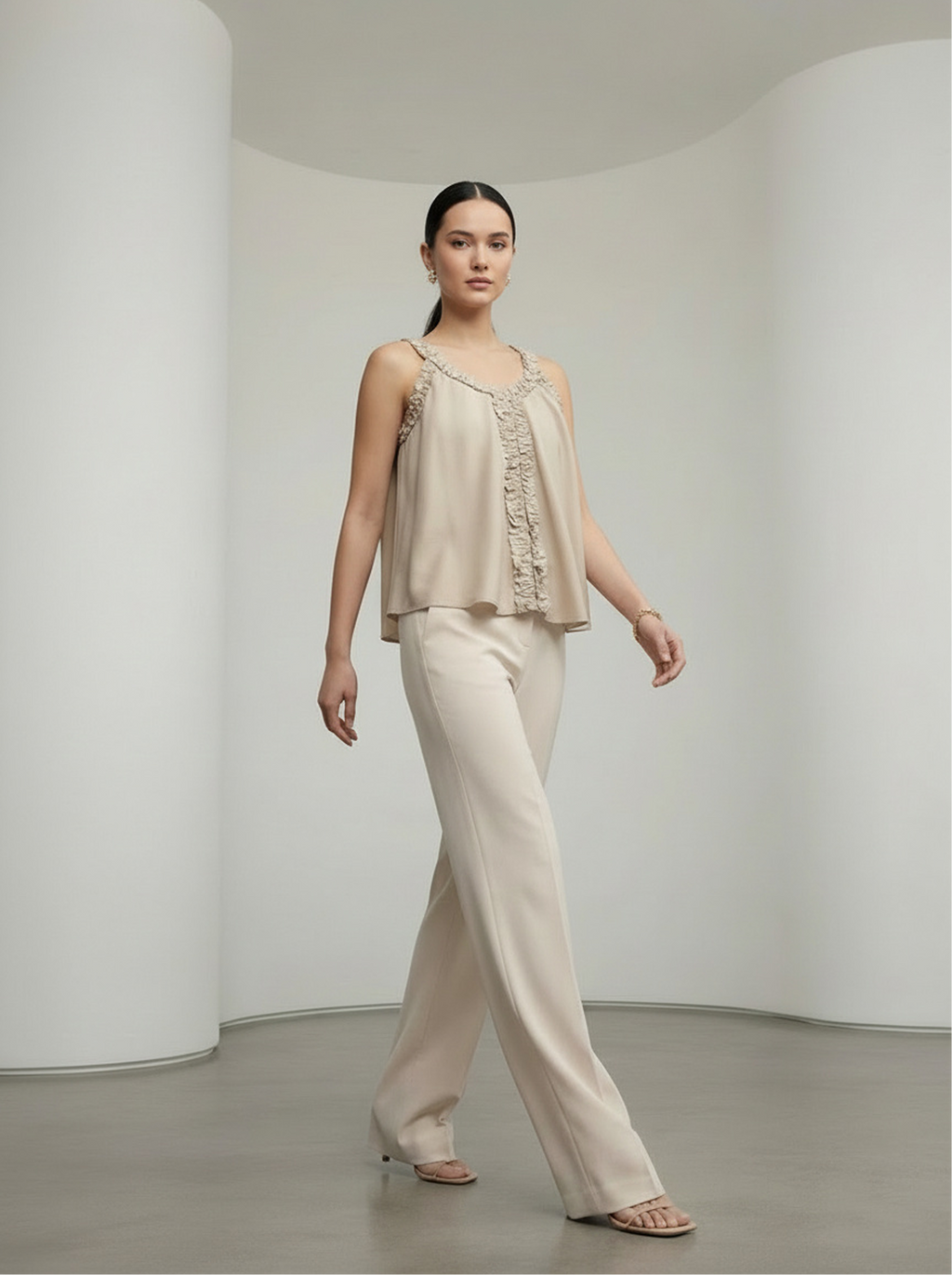 Rareism Women's Epave Beige Viscose V-Neck Plain Sleeveless Relaxed Fit Top