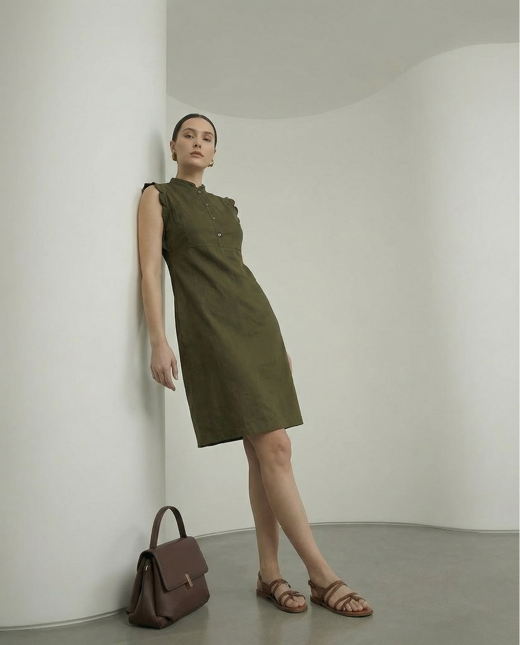 Rareism Women's Adara Olive Cotton Sleeveless A-Line Plain Dress