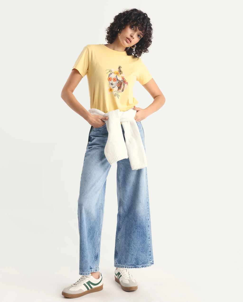 Rareism Women's Tigo Light Yellow Cotton Blend Crew Neck Graphic Print Regular Fit T-Shirt