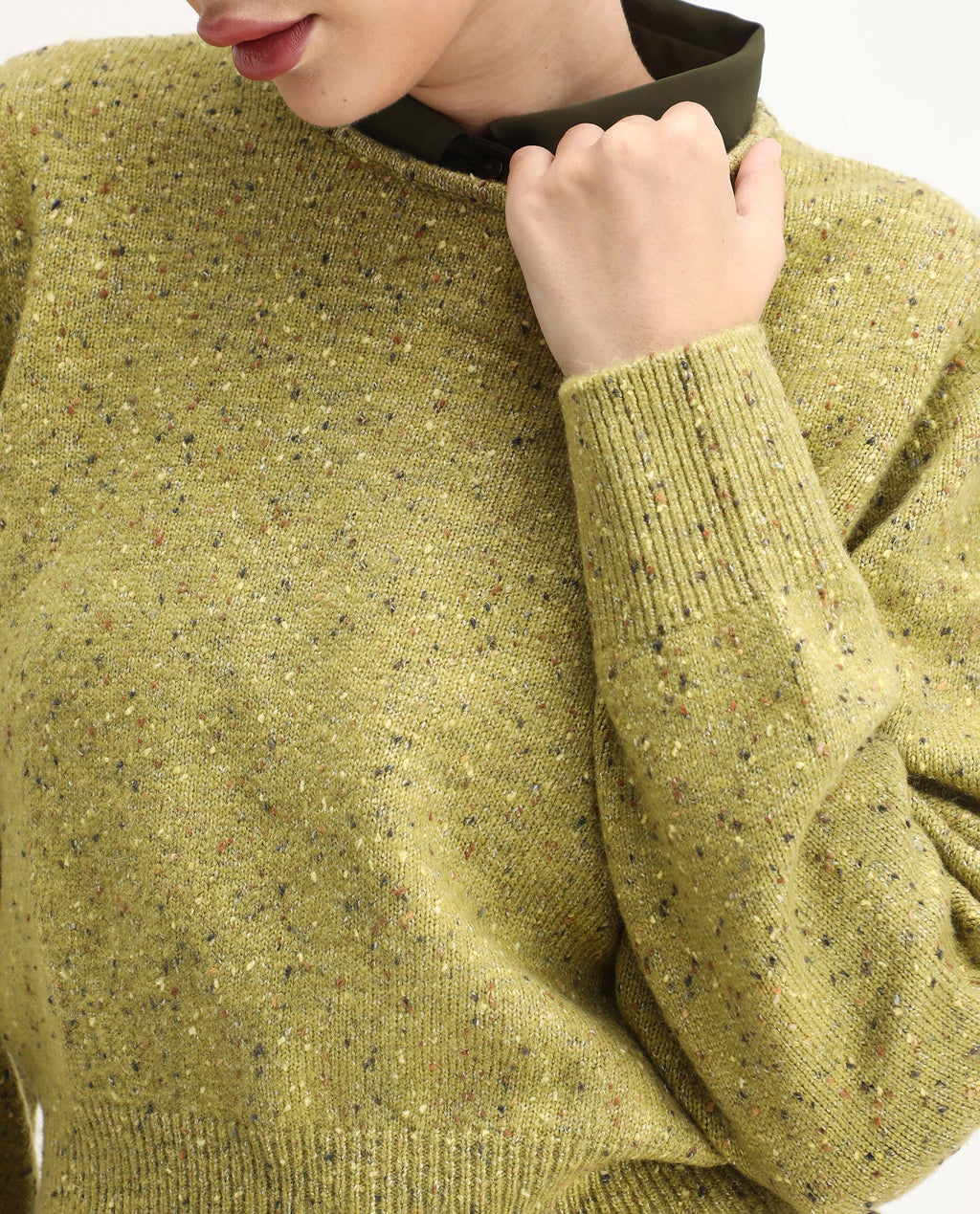 Rareism Women's Tinoa Light Olive Acrylic Blend Crew Neck Relaxed Fit Sweater