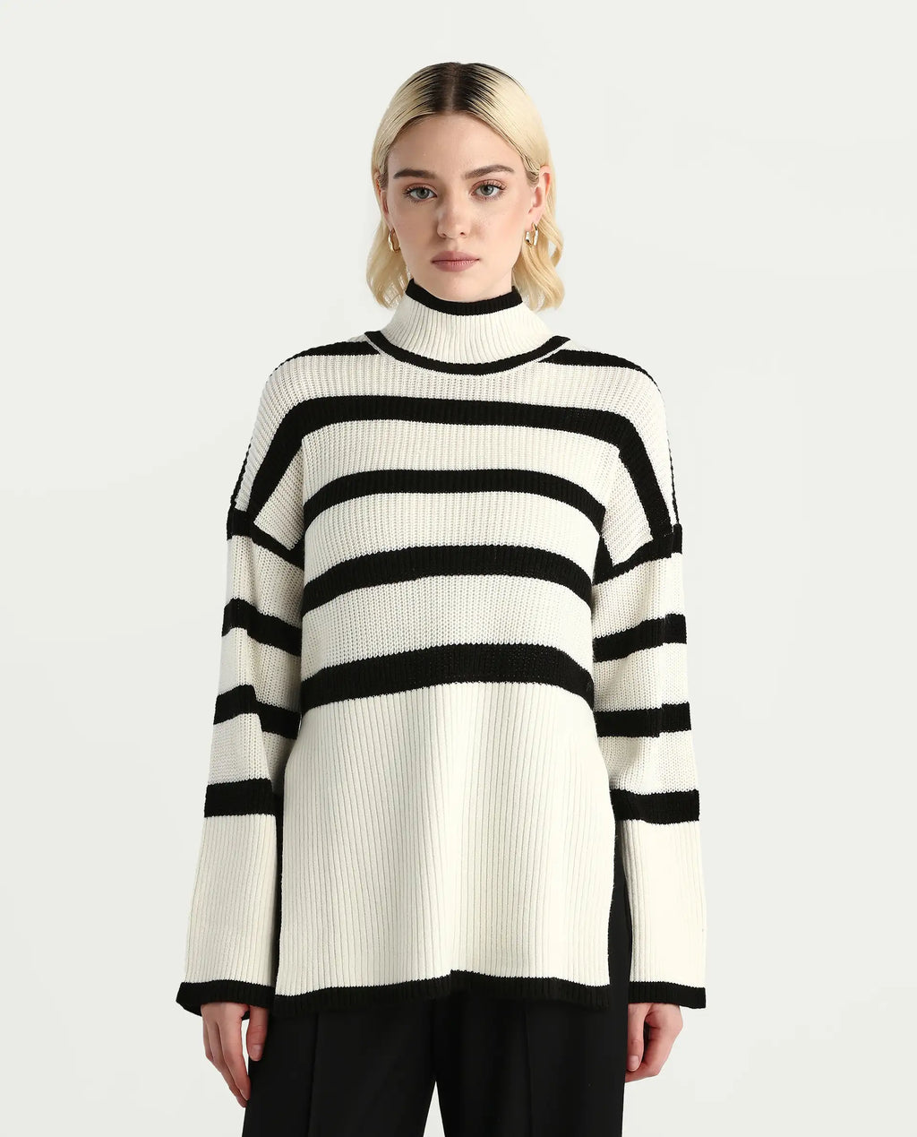 Rareism Women's Titania Black Acrylic High Neck Striped Relaxed Fit Sweater