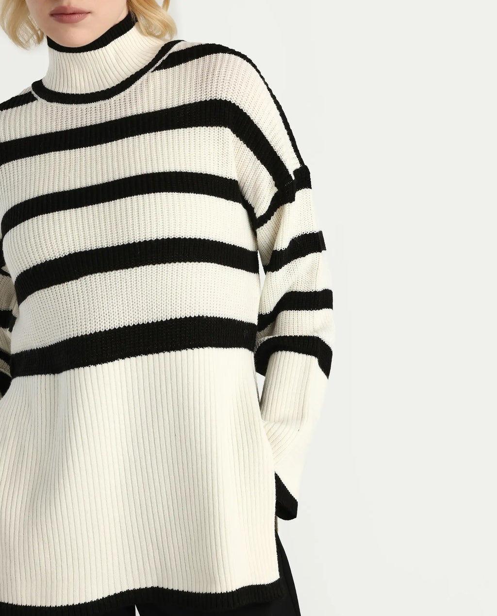 Rareism Women's Titania Black Acrylic High Neck Striped Relaxed Fit Sweater