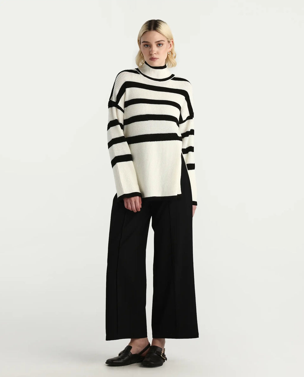 Rareism Women's Titania Black Acrylic High Neck Striped Relaxed Fit Sweater