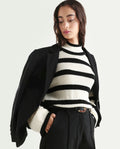 Rareism Women's Titanium White Acrylic High Neck Oversize Fit Striped Sweater