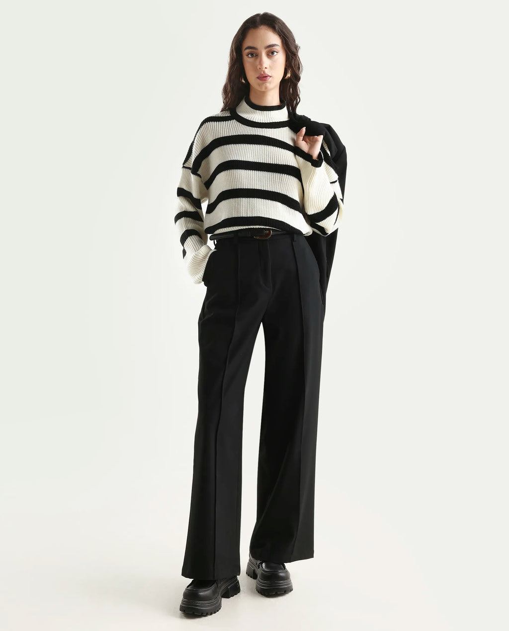 Rareism Women's Titanium White Acrylic High Neck Oversize Fit Striped Sweater