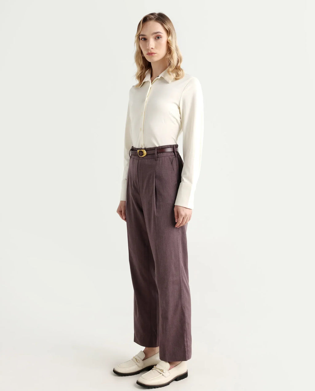 Rareism Women's Tiza Brown Polyester Blend Plain Ankle Length Straight Fit Trouser
