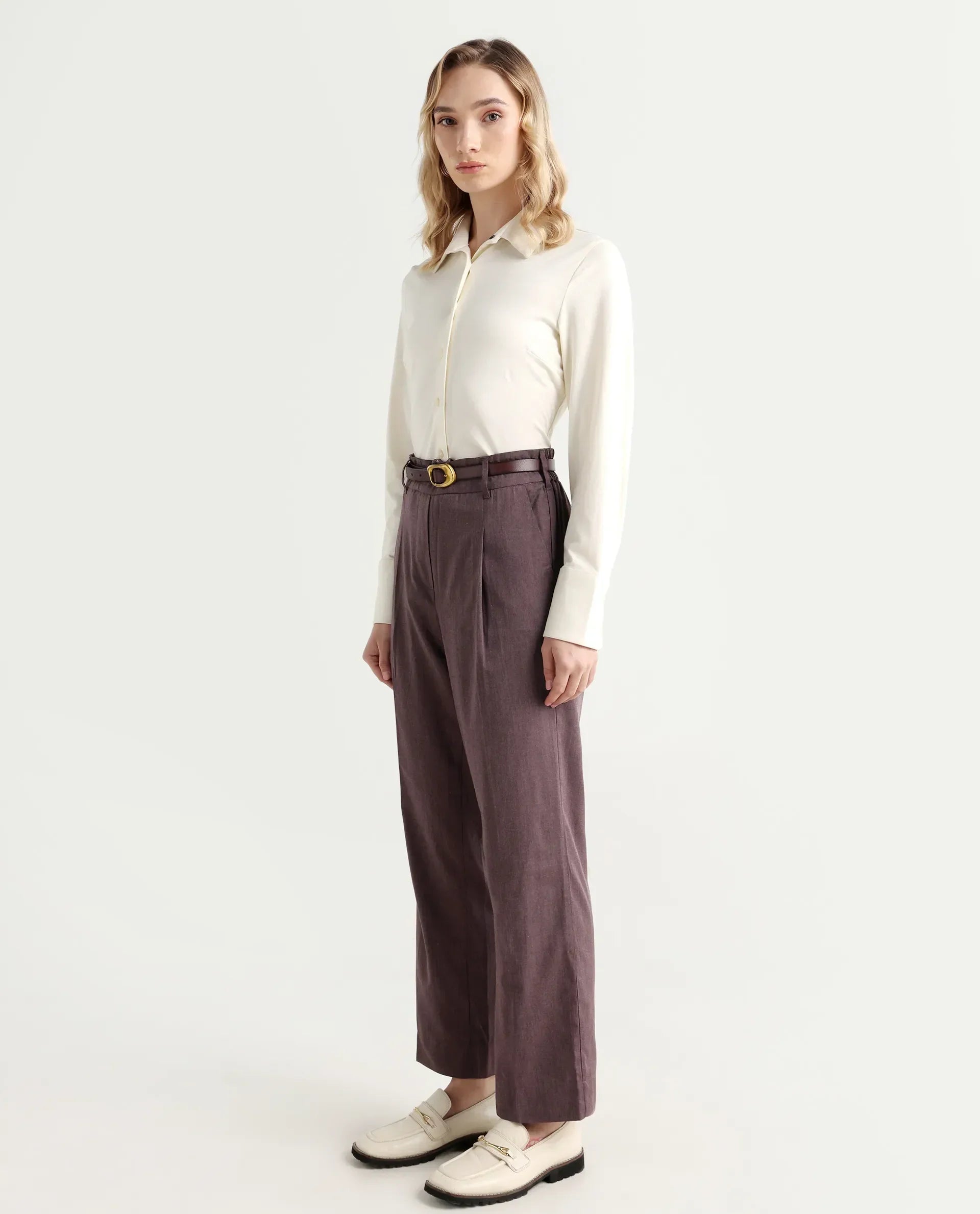 Rareism Women's Tiza Brown Polyester Blend Plain Ankle Length Straight Fit Trouser