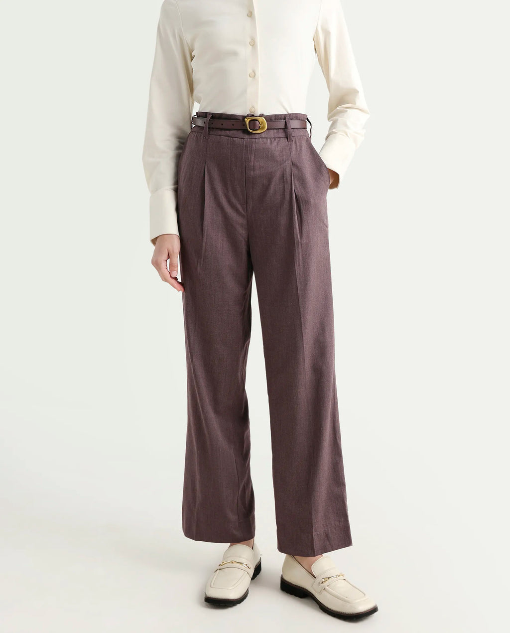 Rareism Women's Tiza Brown Polyester Blend Plain Ankle Length Straight Fit Trouser