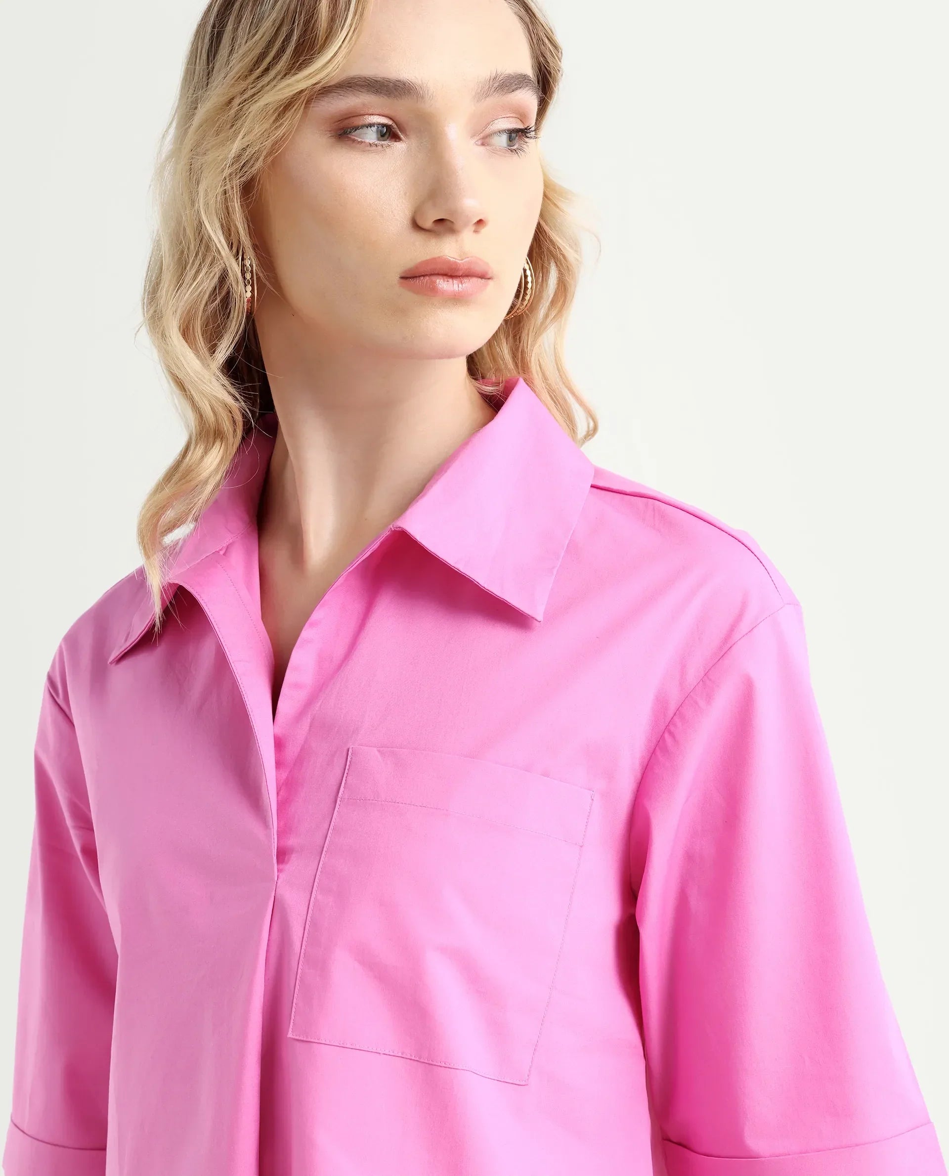 Rareism Women's Toefil Pastel Pink Cotton Spread Collar Plain Regular Fit Shirt