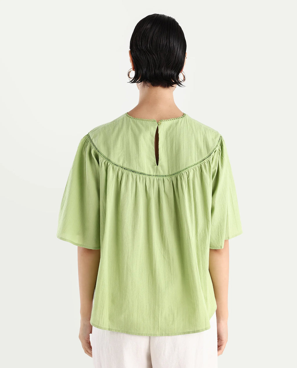 Rareism Women's Tonala Green Cotton Blend Crew Neck Plain Raglan Sleeve Relaxed Fit Top