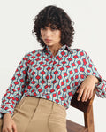 Rareism Women's Tonyhale Multi Satin Spread Collar Geometric Print Cuffed Sleeve Regular Fit Top