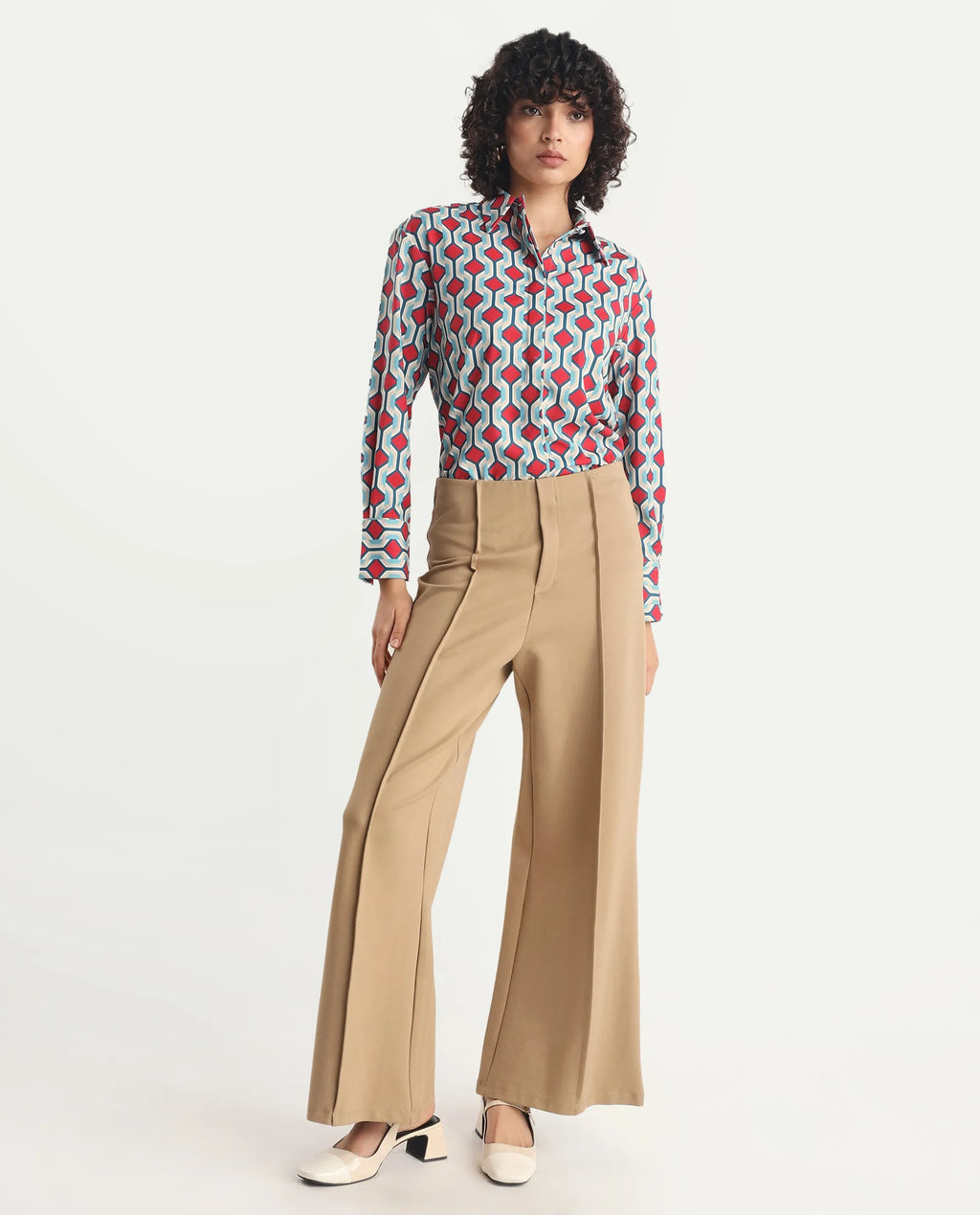 Rareism Women's Tonyhale Multi Satin Spread Collar Geometric Print Cuffed Sleeve Regular Fit Top