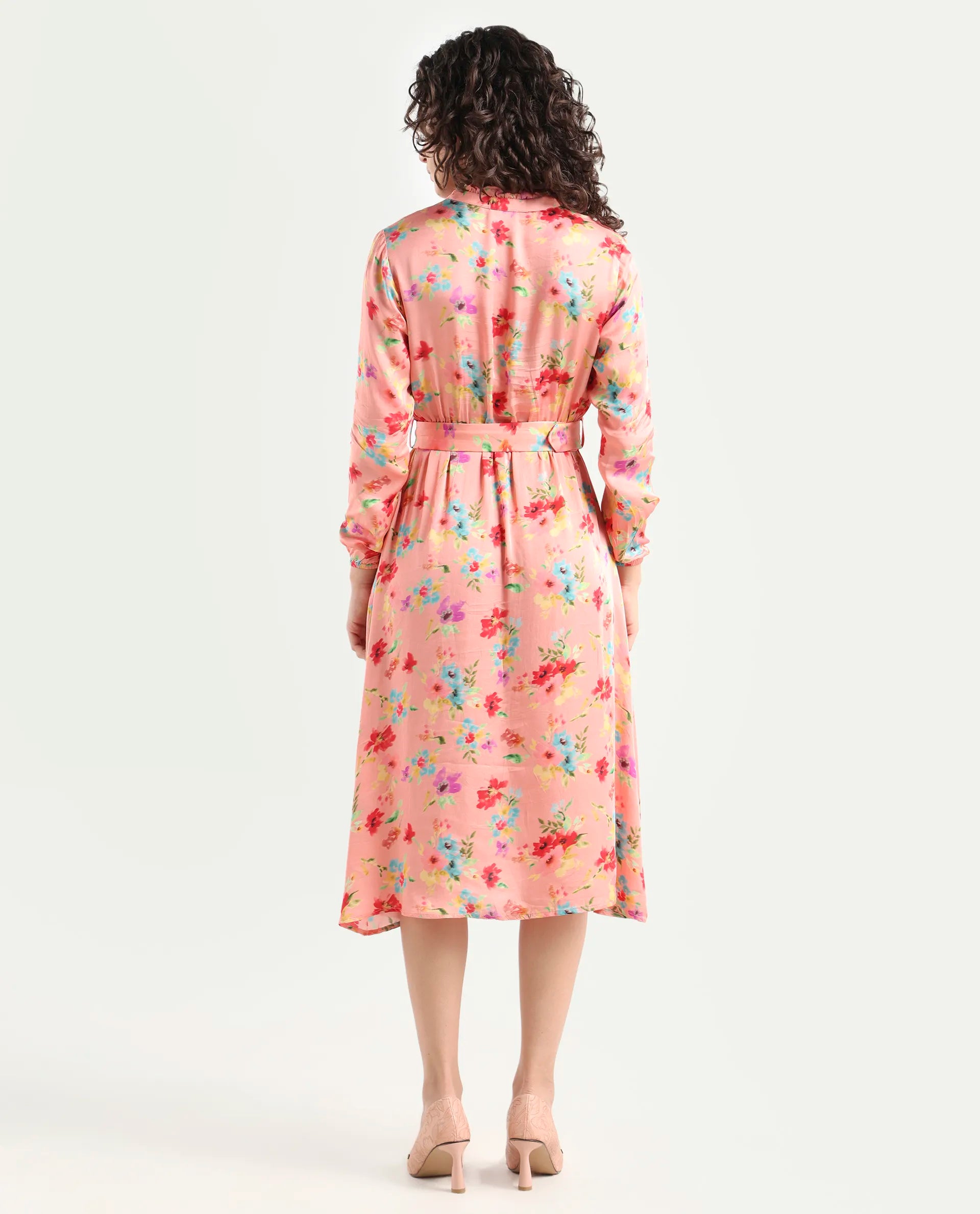 Rareism Women's Tuna Peach Viscose Blend V-Neck Floral Print Knee Length Regular Fit Dress