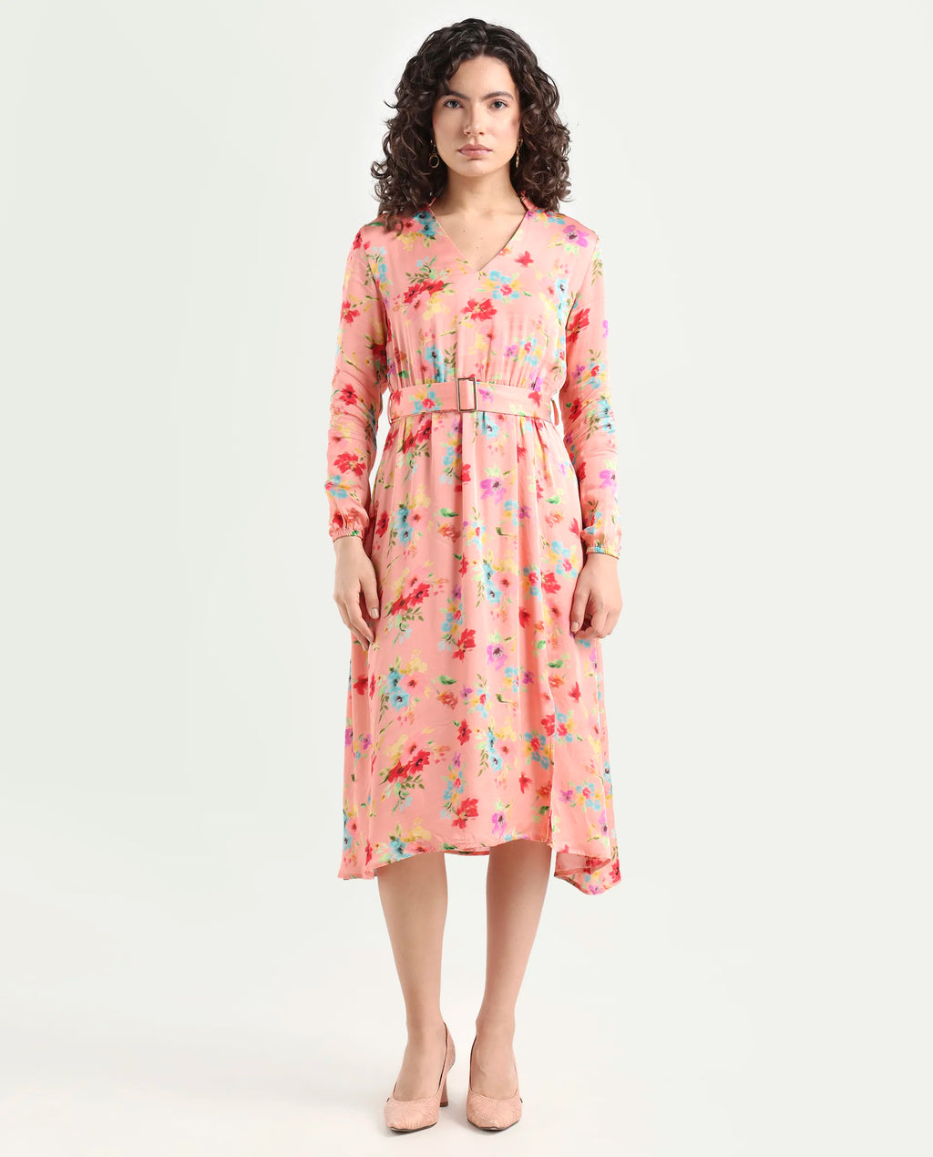 Rareism Women's Tuna Peach Viscose Blend V-Neck Floral Print Knee Length Regular Fit Dress