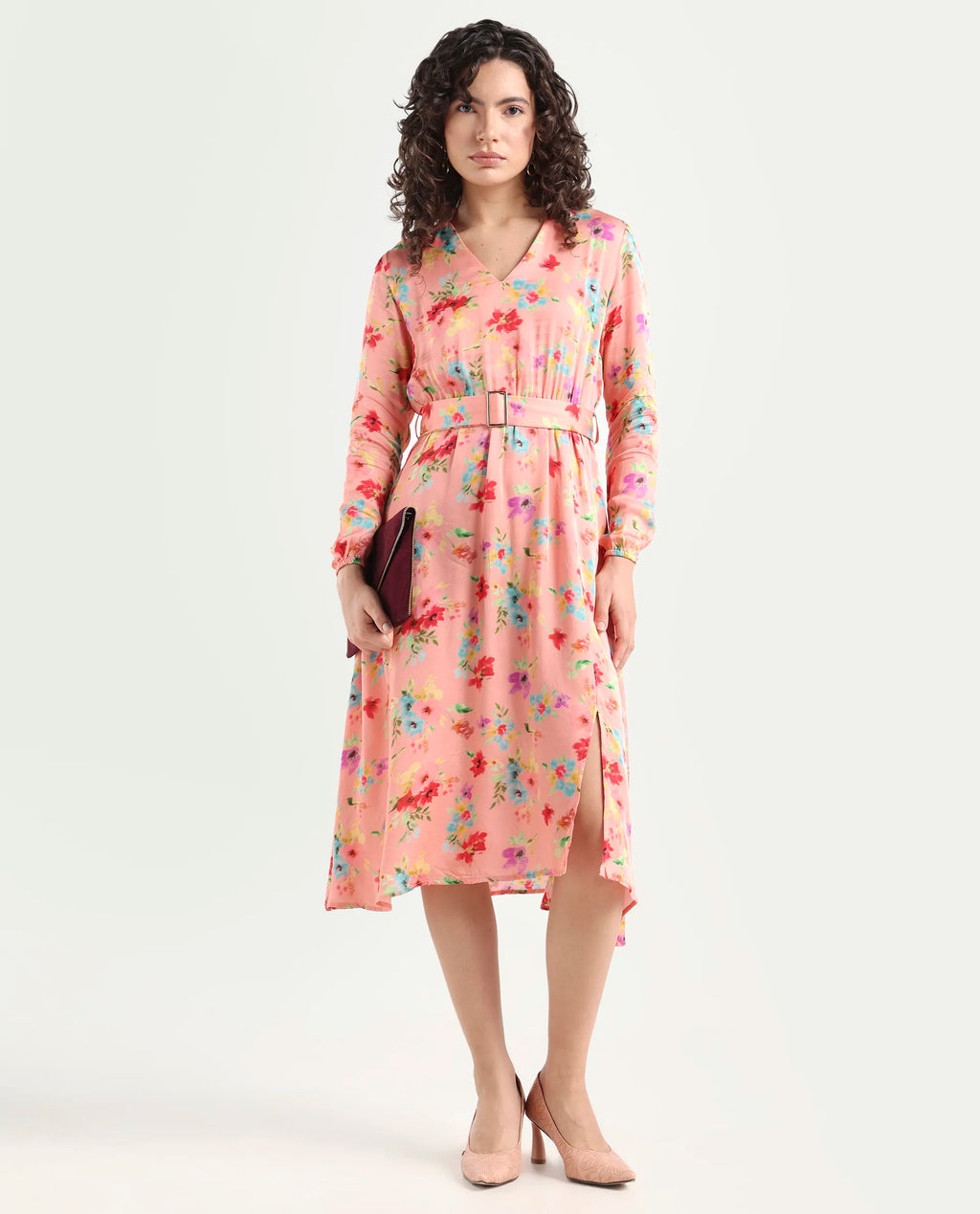 Rareism Women's Tuna Peach Viscose Blend V-Neck Floral Print Knee Length Regular Fit Dress