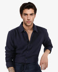 Rare Rabbit Men's Ufa Navy Viscose Plain Regular Fit Full Sleeve Collared Shirt