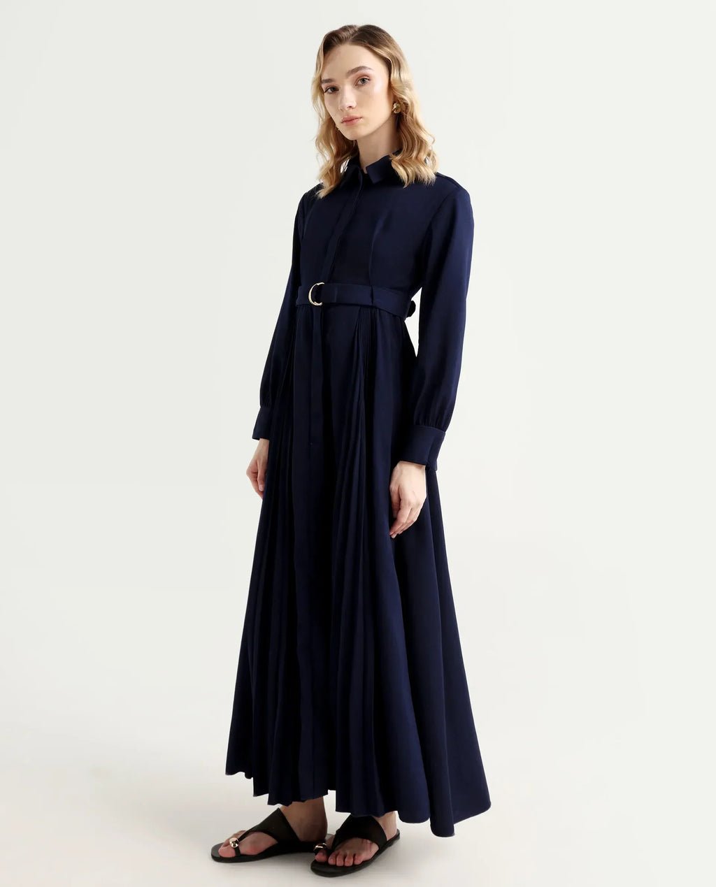 Rareism Women's Vanadzor Navy Satin Drop Collar Plain Bishop Sleeve Maxi Flared Dress