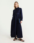 Rareism Women's Vanadzor Navy Satin Drop Collar Plain Bishop Sleeve Maxi Flared Dress