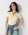 Rareism Women's Van Light Yellow Cotton Blend Polo Neck Plain Regular Fit Polo