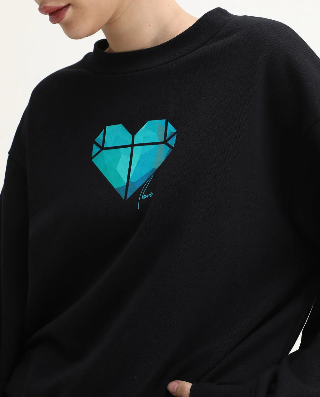 Rareism Women's Vaq Black Cotton Blend Fabric Crew Neck Relaxed Fit Graphic Print Sweatshirt