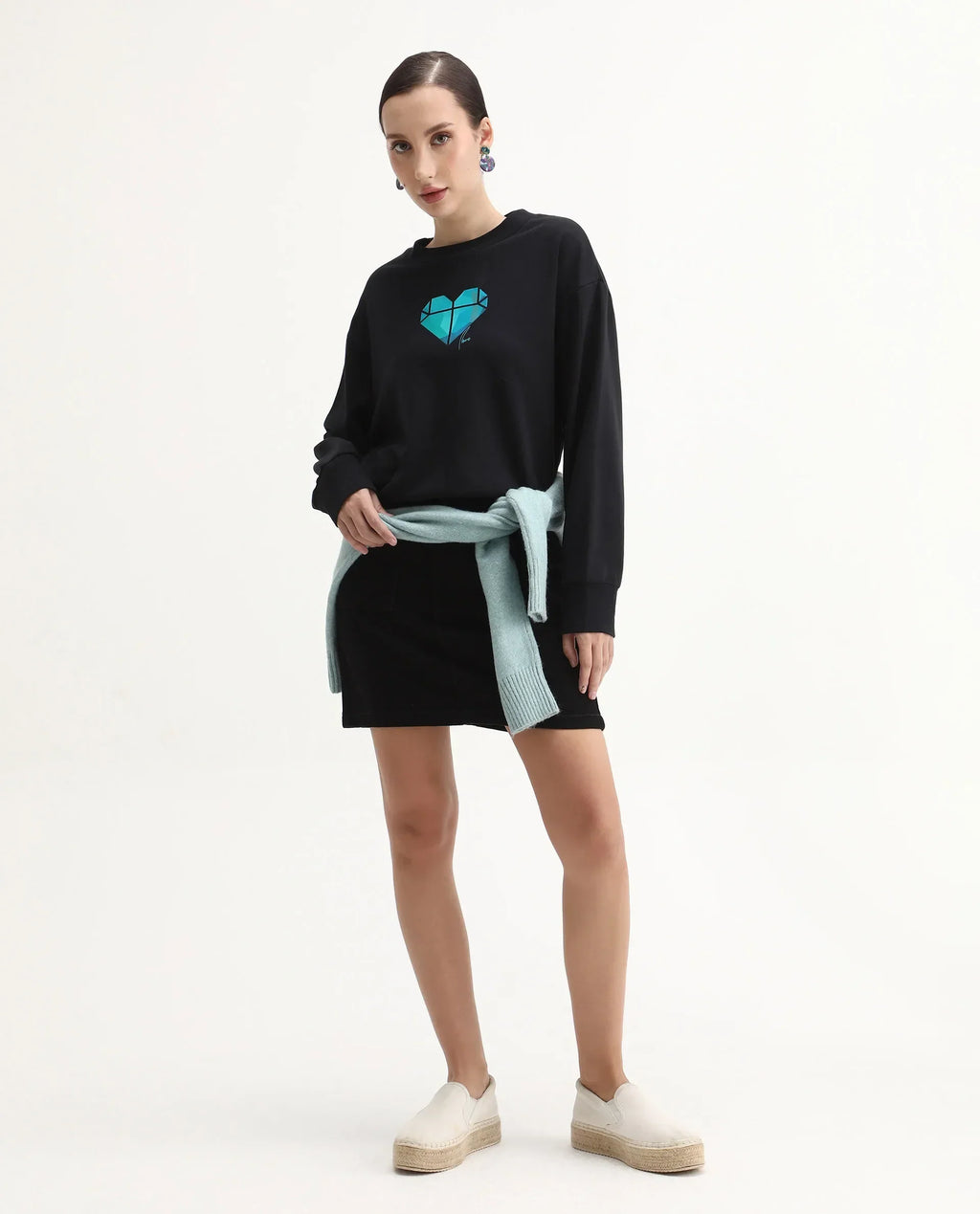 Rareism Women's Vaq Black Cotton Blend Fabric Crew Neck Relaxed Fit Graphic Print Sweatshirt