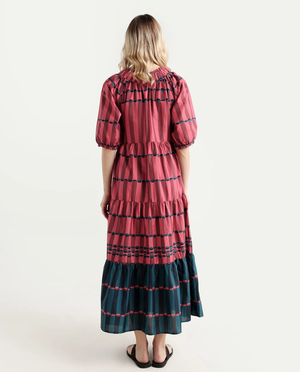 Rareism Women's Vero Maroon Cotton Tie-Up Neck Geometric Print Puff Sleeves Knee Length Regular Fit Dress