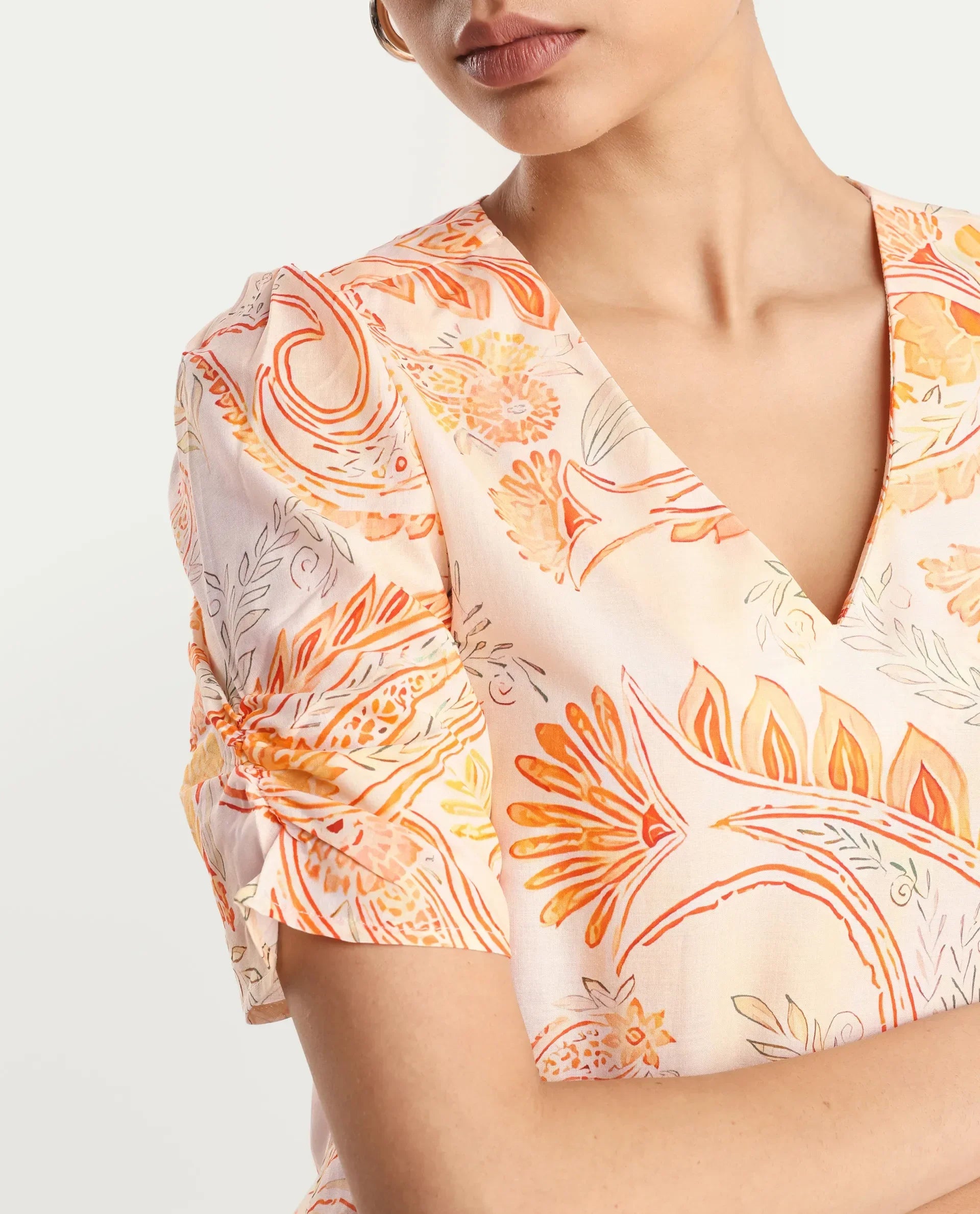 Rareism Women's Vigeveno Light Multi Cotton V-Neck Paisley Print Puff Sleeves Regular Fit Top