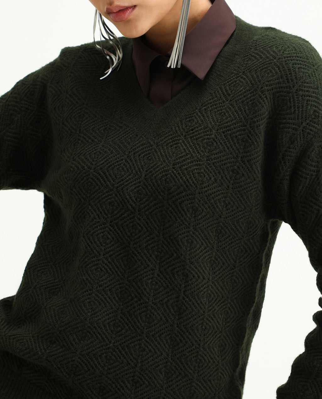 Rareism Women's Vihi Dark Olive Acrylic Blend V-Neck Plain Relaxed Fit Sweater