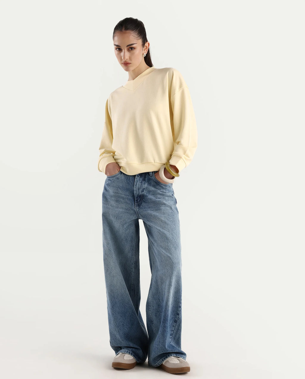 Rareism Women's Vitoo Light Yellow Cotton Blend Crew Neck Plain Relaxed Fit Sweatshirt