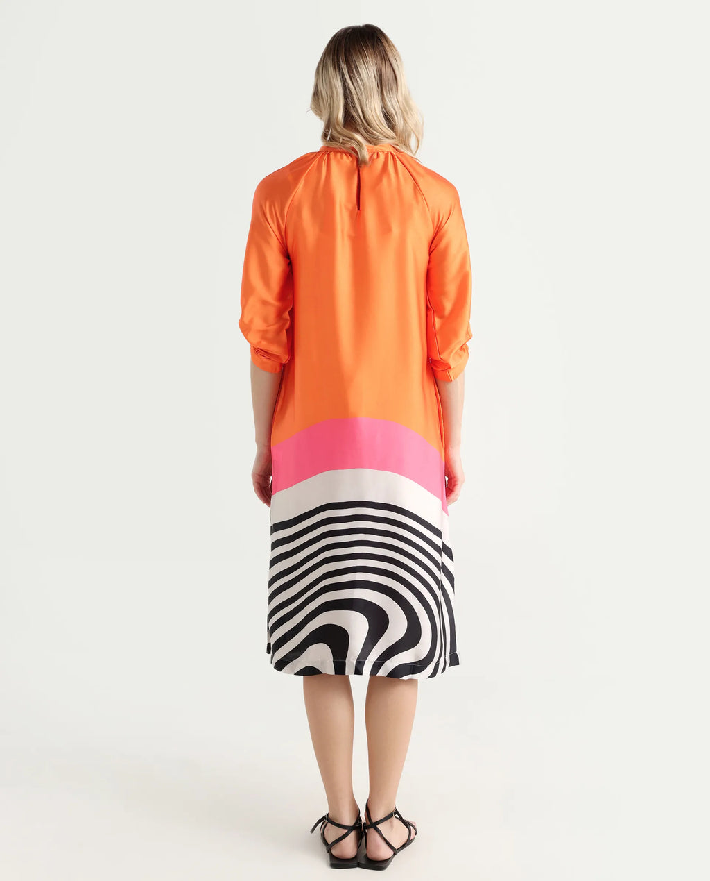Rareism Women's Waldsa Orange Cotton High Neck Abstract Print Raglan Sleeve Midi Regular Fit Dress