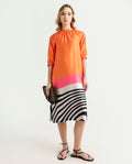 Rareism Women's Waldsa Orange Cotton High Neck Abstract Print Raglan Sleeve Midi Regular Fit Dress