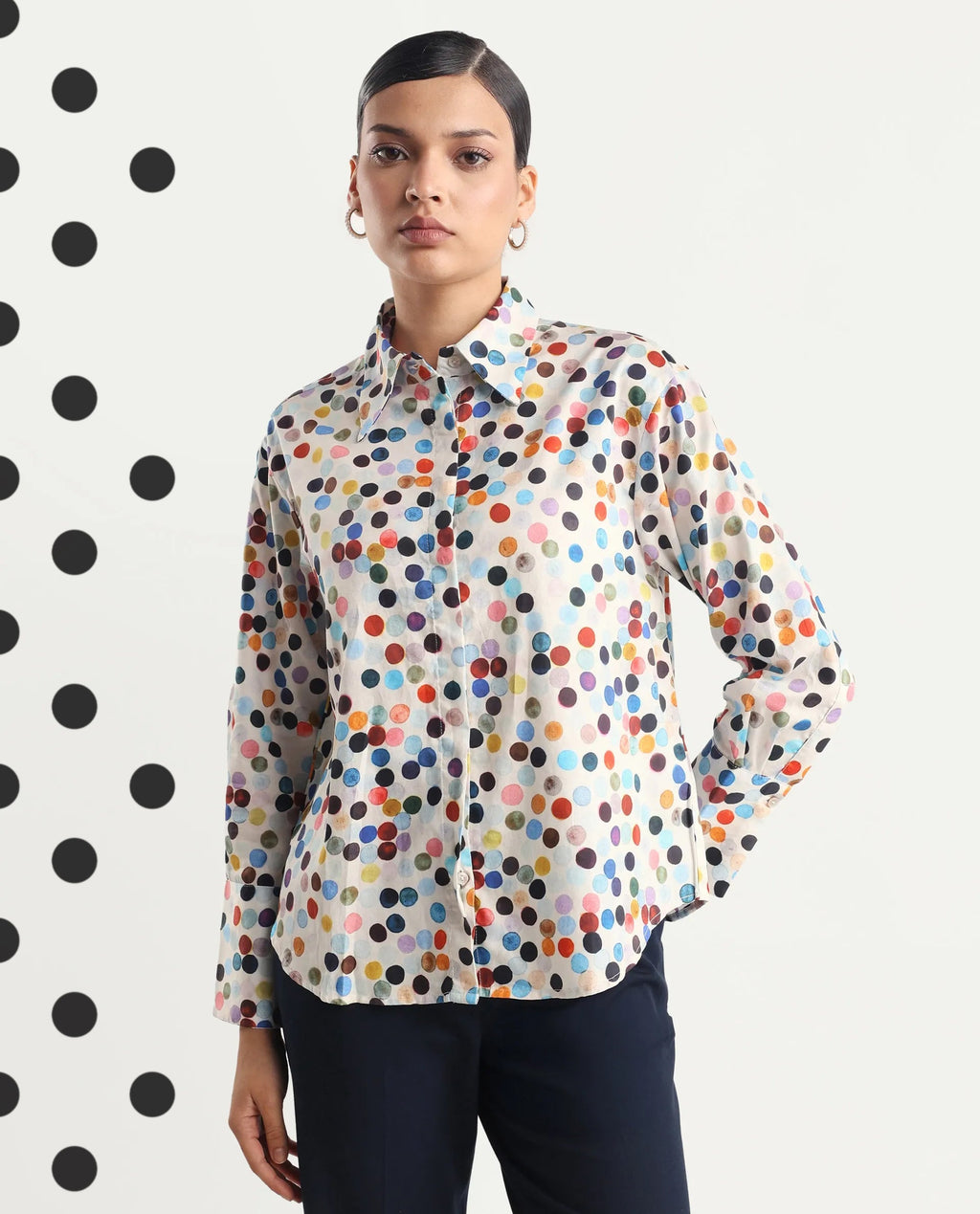 Rareism Women's Wanice Light Mullti Cotton Blend Drop Collar Polka Print Cuffed Sleeve Regular Fit Top