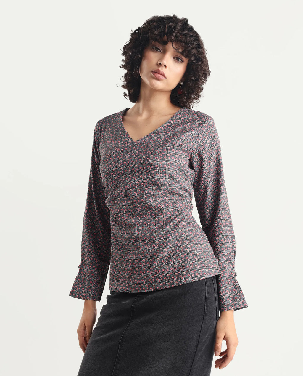 Rareism Women's Whabi Multi Cotton Blend V-Neck Floral Print Regular Fit Top