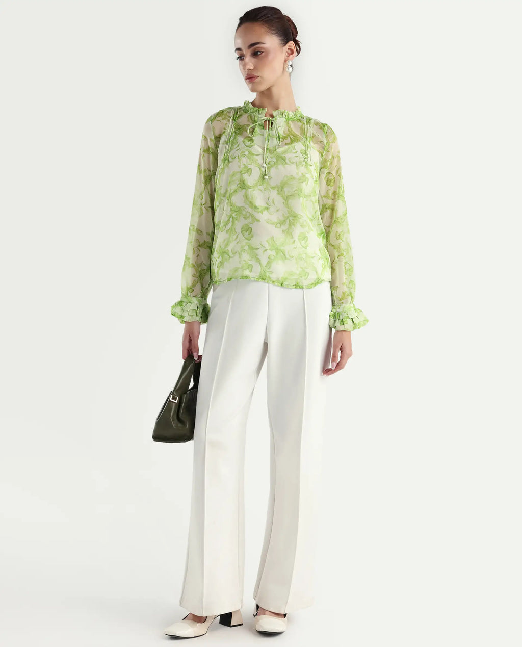 Rareism Women's Willow Green Polyester Tie-Up Neck Tropical Print Ruffled Sleeve Regular Fit Top