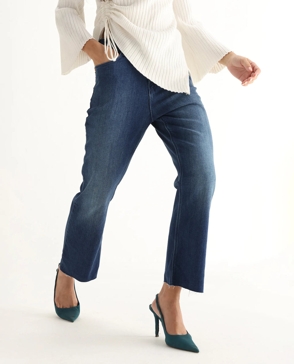 Rareism Women's Winona Blue Cotton Blend Plain Ankle Length Classic Bootcut Jeans
