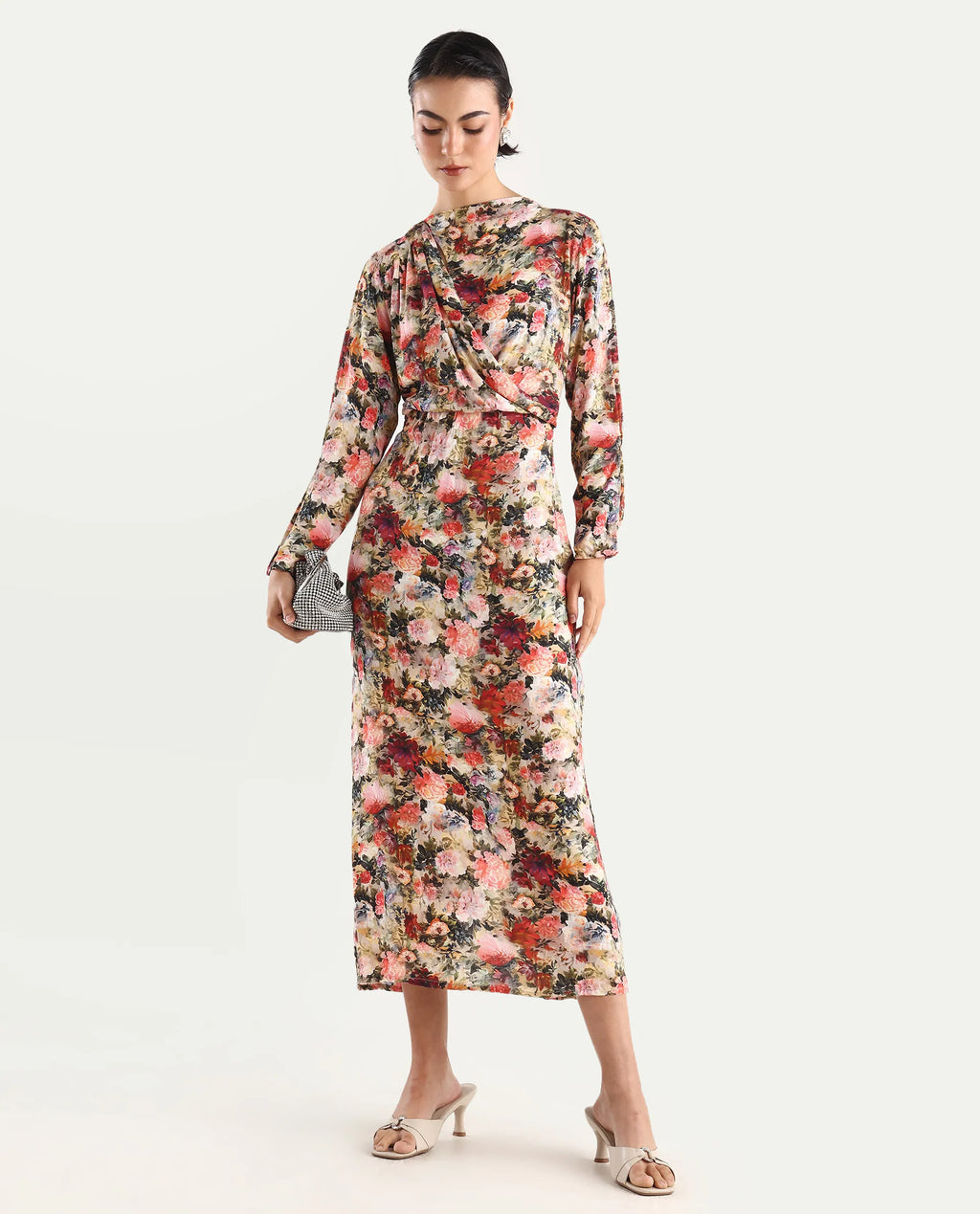 Rareism Women's Winza Dark Red Viscose Blend Cowl Neck Floral Print Midi Straight Fit Dress
