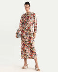Rareism Women's Winza Dark Red Viscose Blend Cowl Neck Floral Print Midi Straight Fit Dress