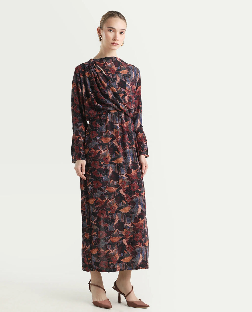 Rareism Women's Winzop Multi Viscose Blend Cowl Neck Floral Print Midi Straight Fit Dress