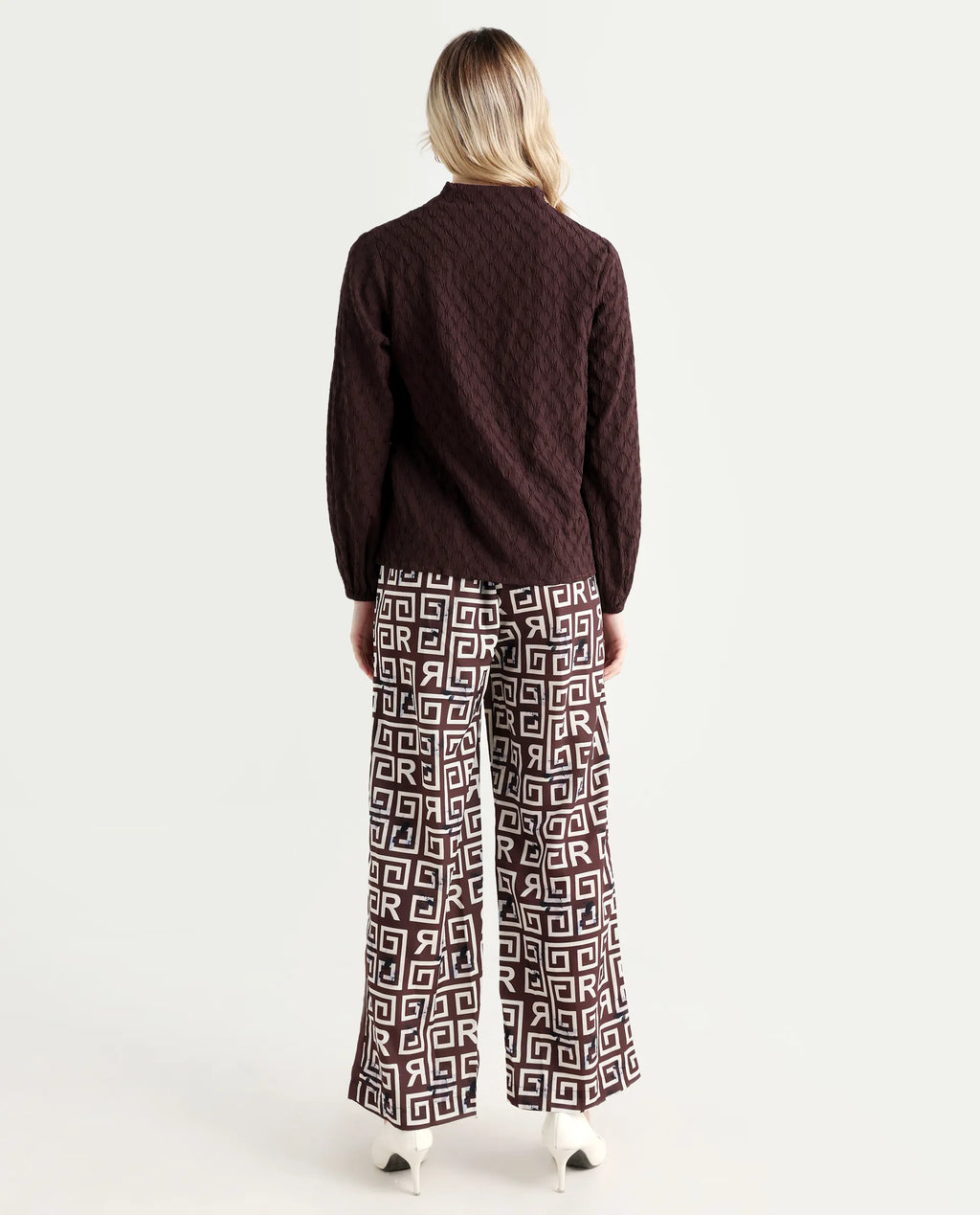 Rareism Women's Wood Brown Polyester Geometric Print Ankle Length Regular Fit Trouser